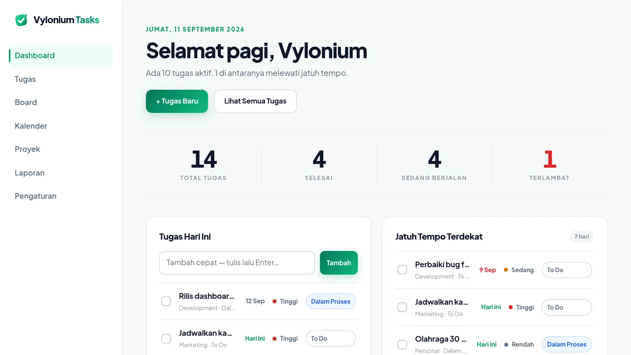 Dashboard aplikasi tugas Vylonium Tasks